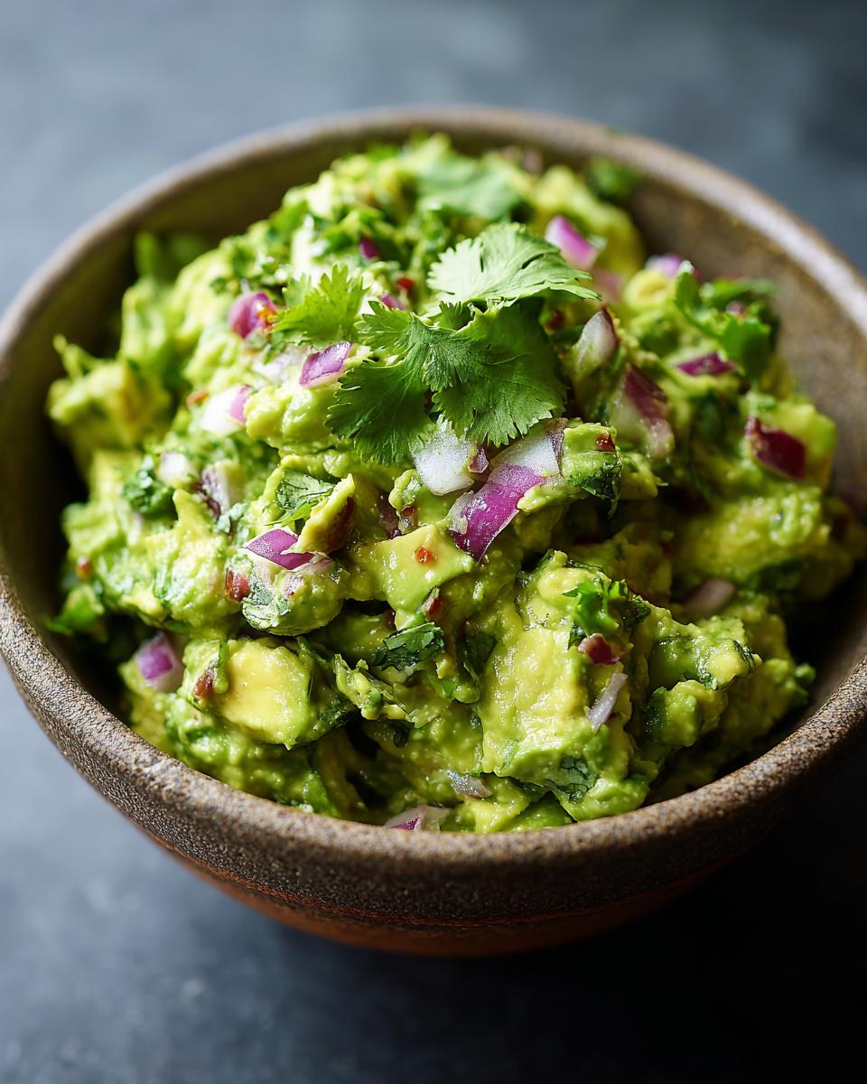 A close-up of a rustic bowl filled with chunky, vibrant Homemade Guacamole, topped with fresh cilantro and red onion.