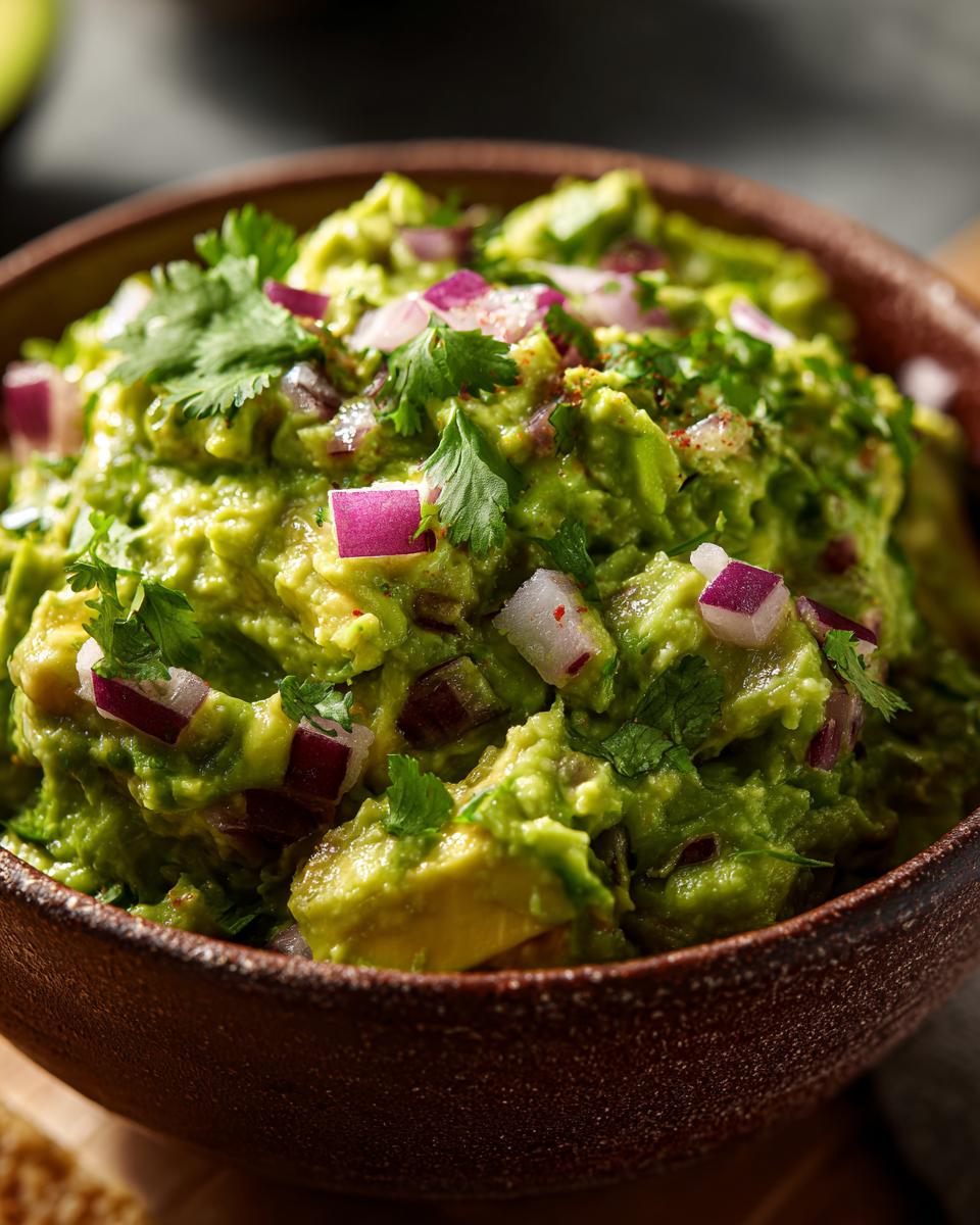 Close-up of a bowl of chunky Homemade Guacamole, topped with diced red onion and fresh cilantro.