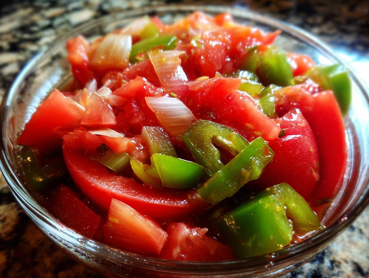 A close-up, angled view of a clear glass bowl filled with vibrant, chunky homemade salsa, featuring chopped tomatoes, green peppers, and onions.