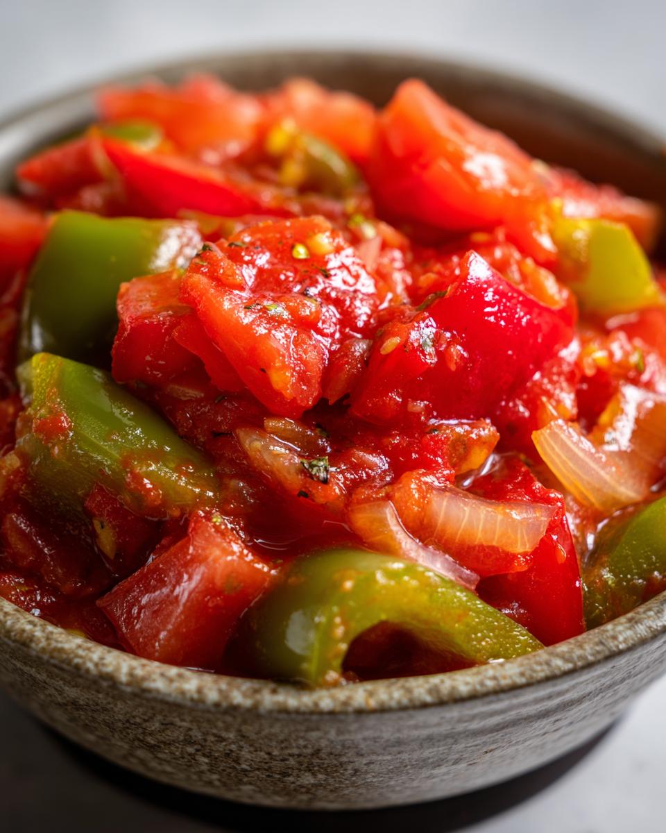 Close-up of vibrant homemade salsa with chunks of tomatoes, green bell peppers, and onions in a rustic bowl.