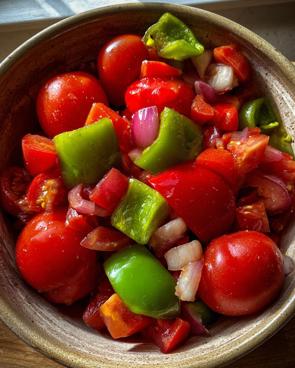 Close-up of chopped tomatoes, green bell peppers, and red onion in a rustic bowl, ready for homemade salsa.