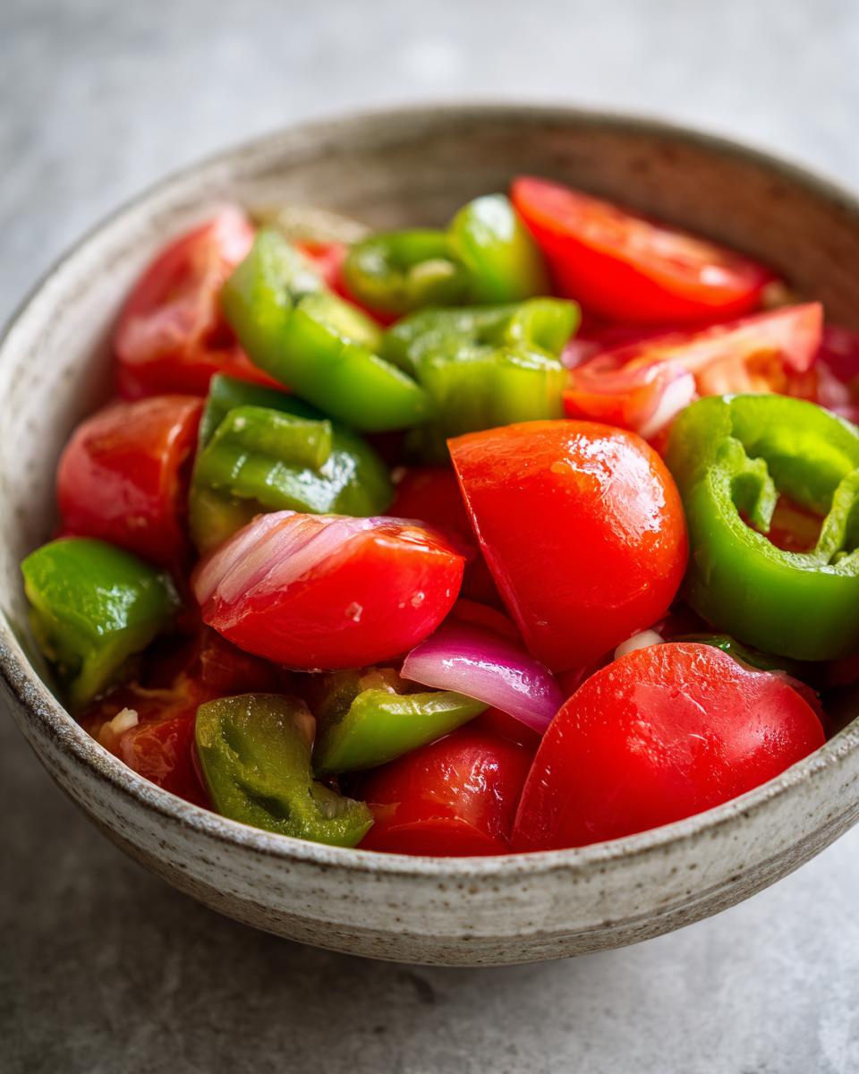 Close-up of chopped tomatoes, green bell peppers, and red onion for homemade salsa in a rustic bowl.