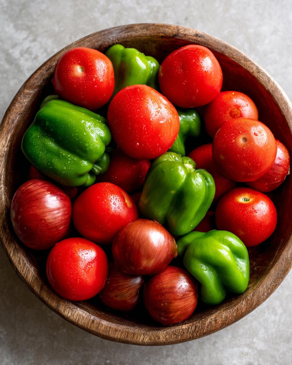 A wooden bowl filled with fresh tomatoes, green bell peppers, and red onions, ready for homemade salsa.