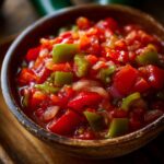 Close-up of a rustic bowl filled with vibrant, chunky homemade salsa, featuring tomatoes, green peppers, and onions.