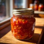 A close-up of a glass jar filled with vibrant homemade tomato salsa canning, ready for storage.