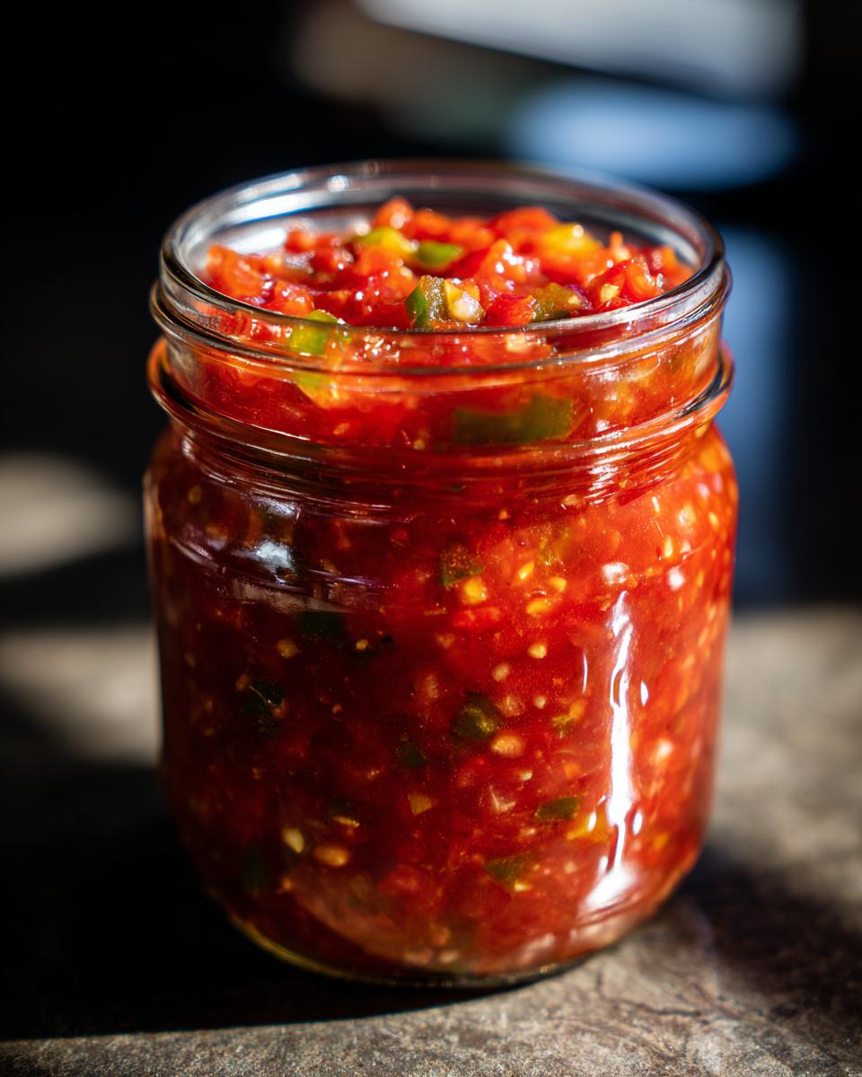 A close-up of a glass jar filled with vibrant homemade tomato salsa, ready for canning.
