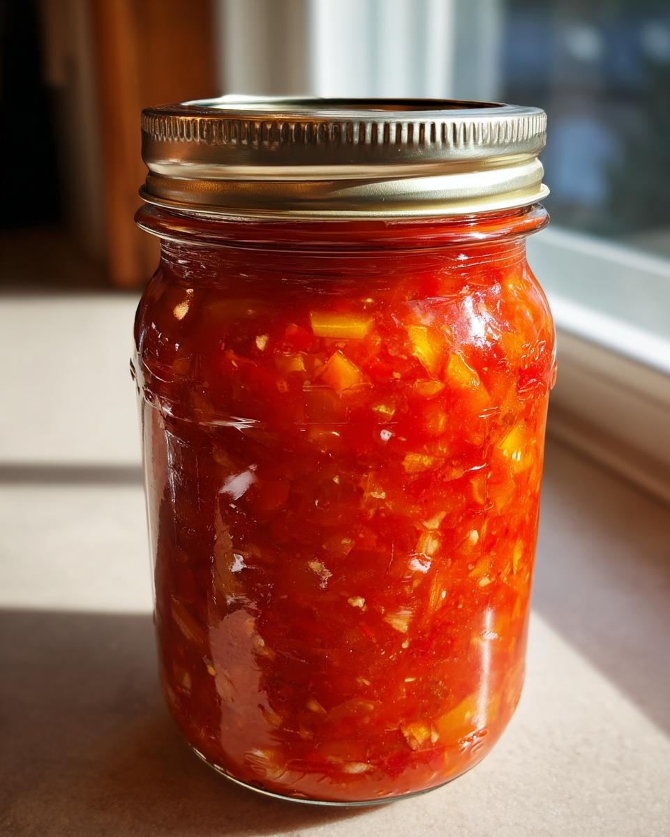 A close-up of a glass jar filled with vibrant homemade tomato salsa, ready for canning.