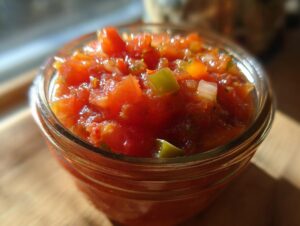 Close-up of fresh homemade tomato salsa canning in a glass jar, showing diced tomatoes, onions, and peppers.