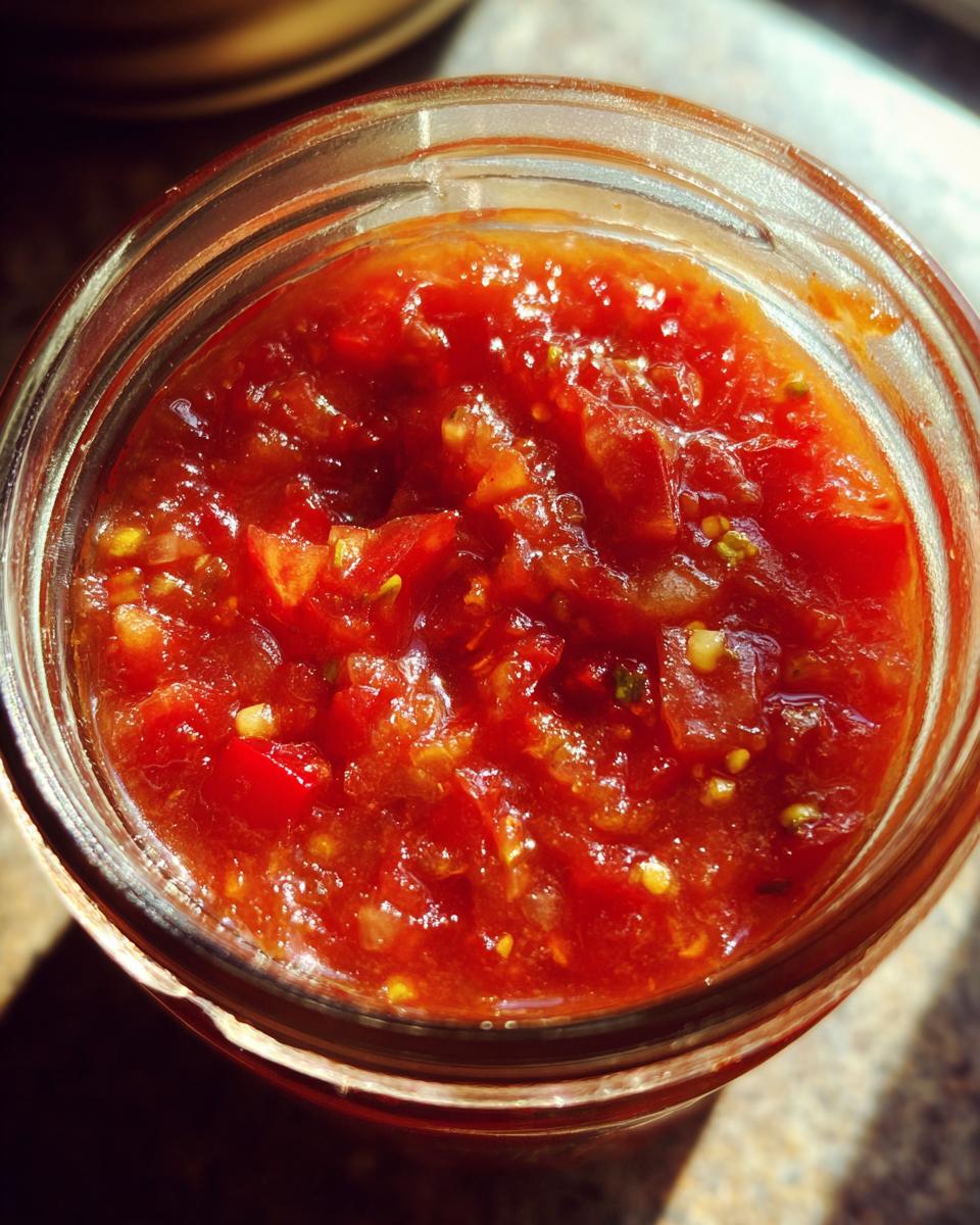Close-up of a glass jar filled with vibrant, chunky homemade tomato salsa, ready for canning.