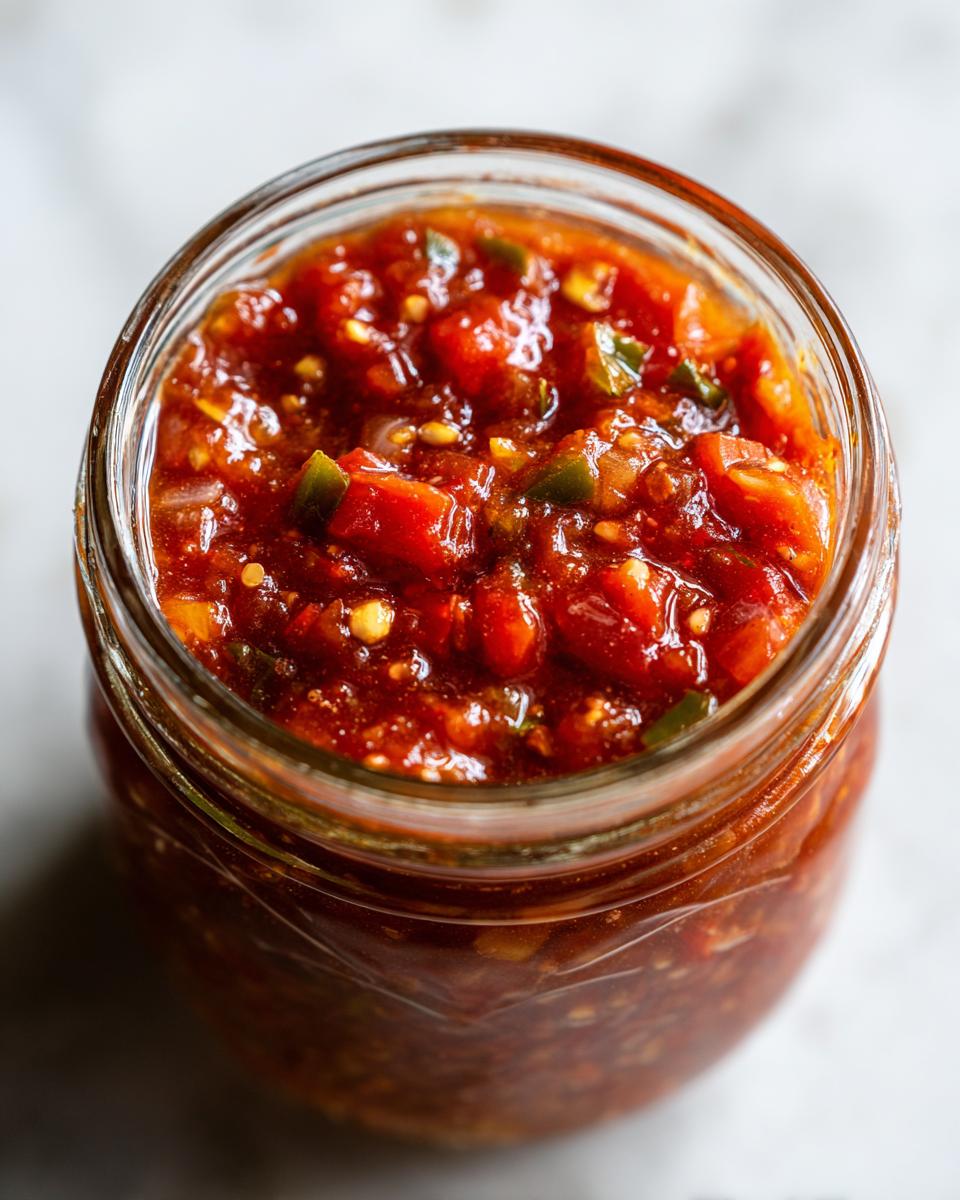 Close-up of a glass jar filled with vibrant homemade tomato salsa, perfect for canning.