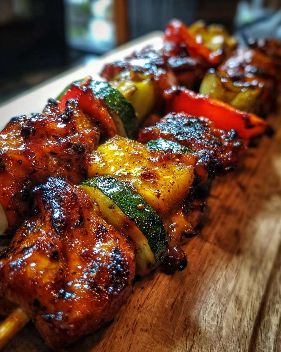 Close-up of juicy honey BBQ chicken kabobs with bell peppers and zucchini on a wooden board.