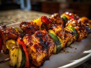 Close-up of delicious honey BBQ chicken kabobs with grilled zucchini, bell peppers, and onions.