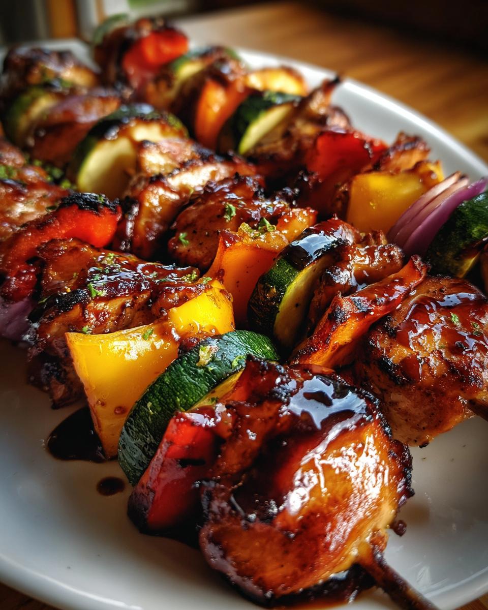 Close-up of juicy honey BBQ chicken kabobs with colorful bell peppers, zucchini, and red onion, glistening with sauce.