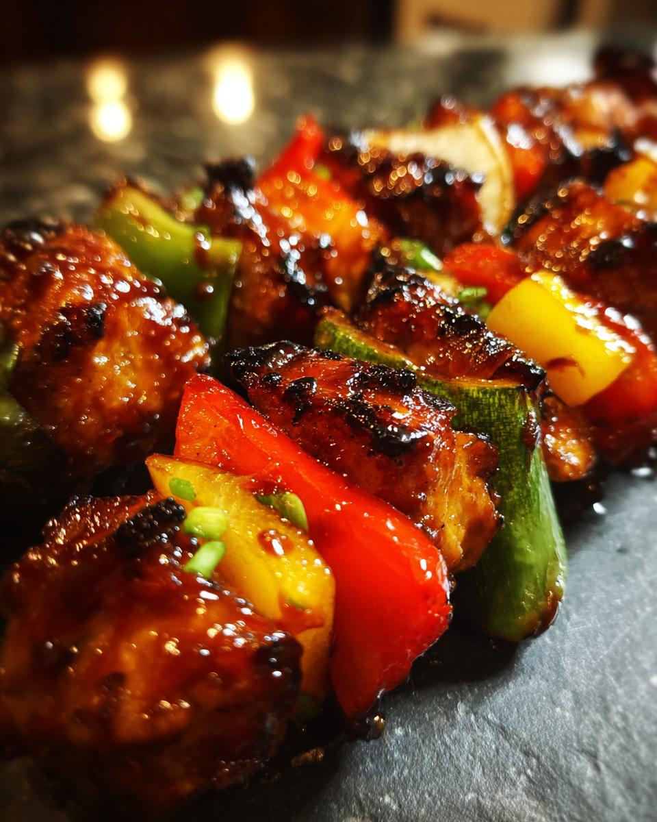 Close-up of glistening honey BBQ chicken kabobs with colorful bell peppers and zucchini.