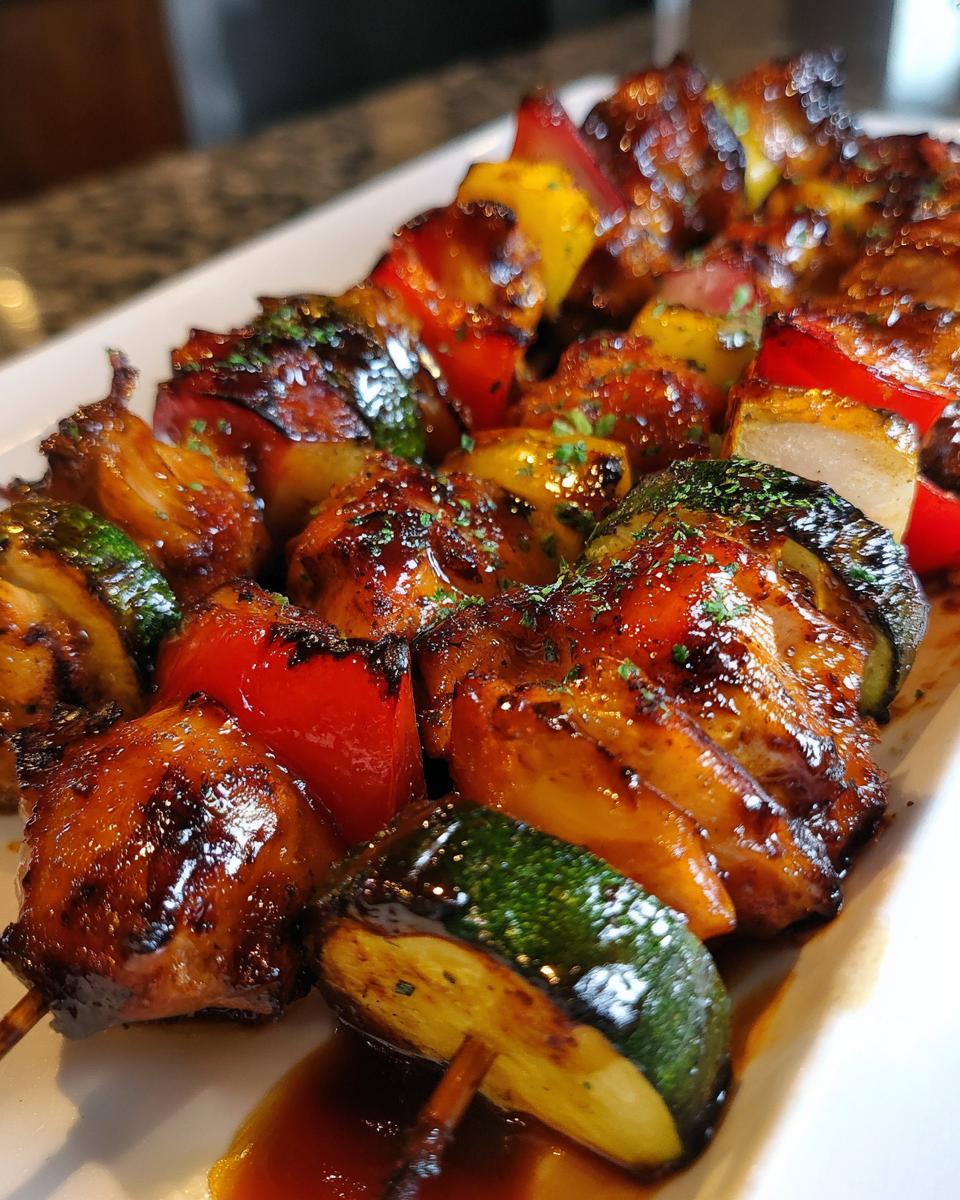 Close-up of glistening honey BBQ chicken kabobs with colorful bell peppers and zucchini, sprinkled with herbs.