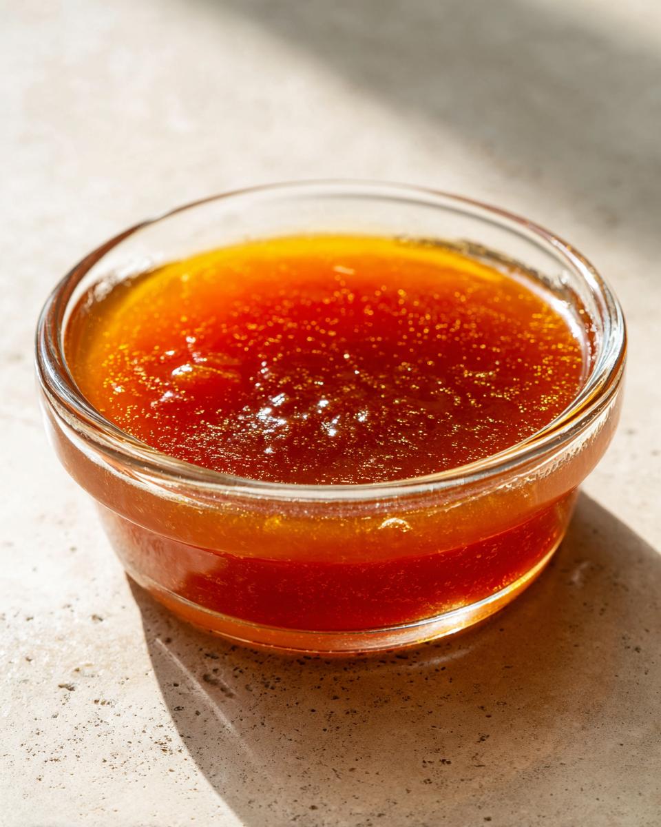 A close-up shot of glistening honey BBQ sauce in a clear glass bowl, showcasing its rich amber color.