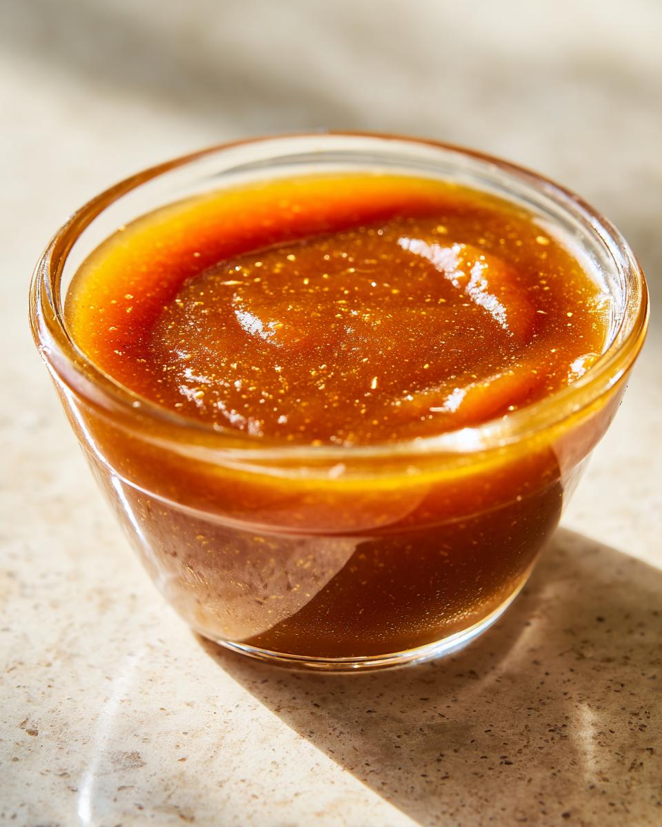 A close-up of rich, glossy honey BBQ sauce in a clear glass bowl, glistening in the sunlight.