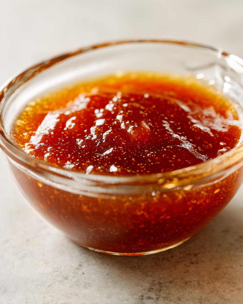 Close-up of a small glass bowl filled with glossy, rich honey BBQ sauce.