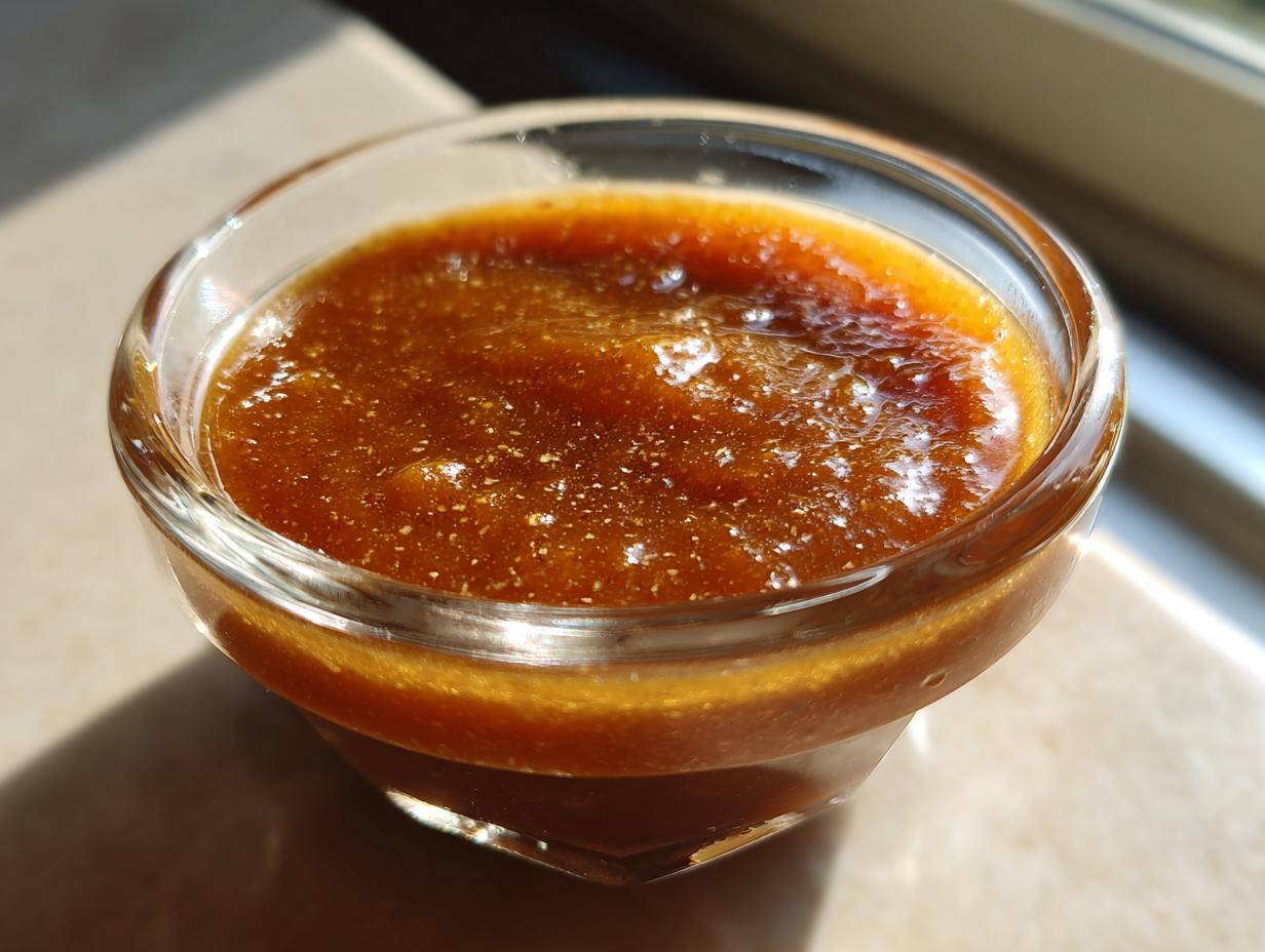 A close-up of homemade honey BBQ sauce in a clear glass bowl, with sunlight glinting off the surface.