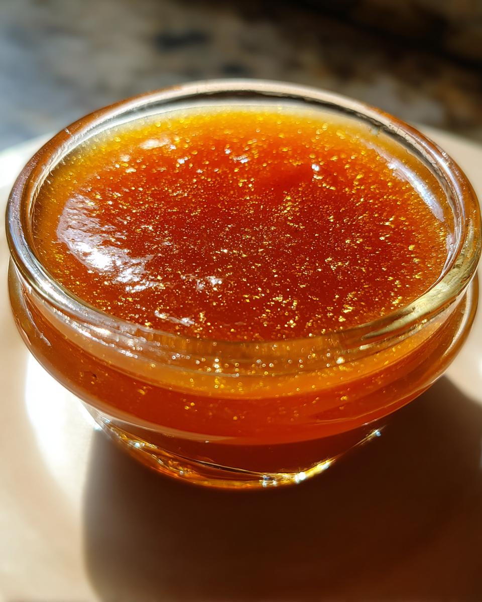 A close-up of glistening honey BBQ sauce in a small glass jar, catching the light.