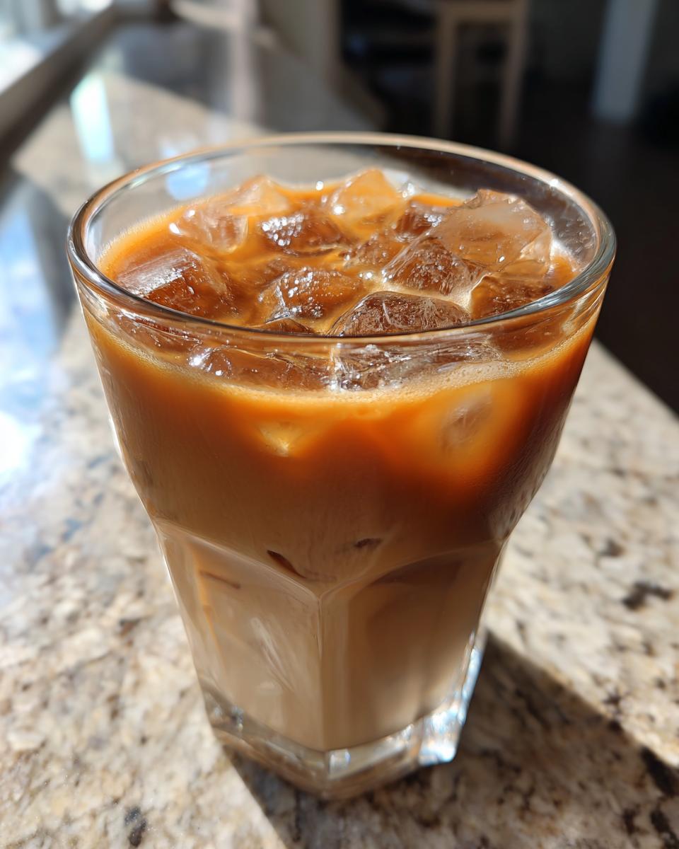 A refreshing glass of iced coffee with ice cubes, perfect alongside cinnamon sugar cream cheese rolls.