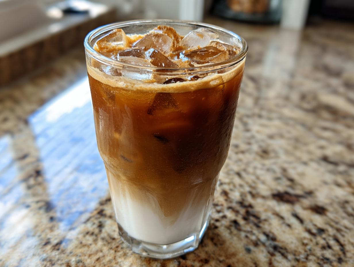 A refreshing iced coffee with layers of milk and coffee, topped with ice, perfect with cinnamon sugar cream cheese rolls.