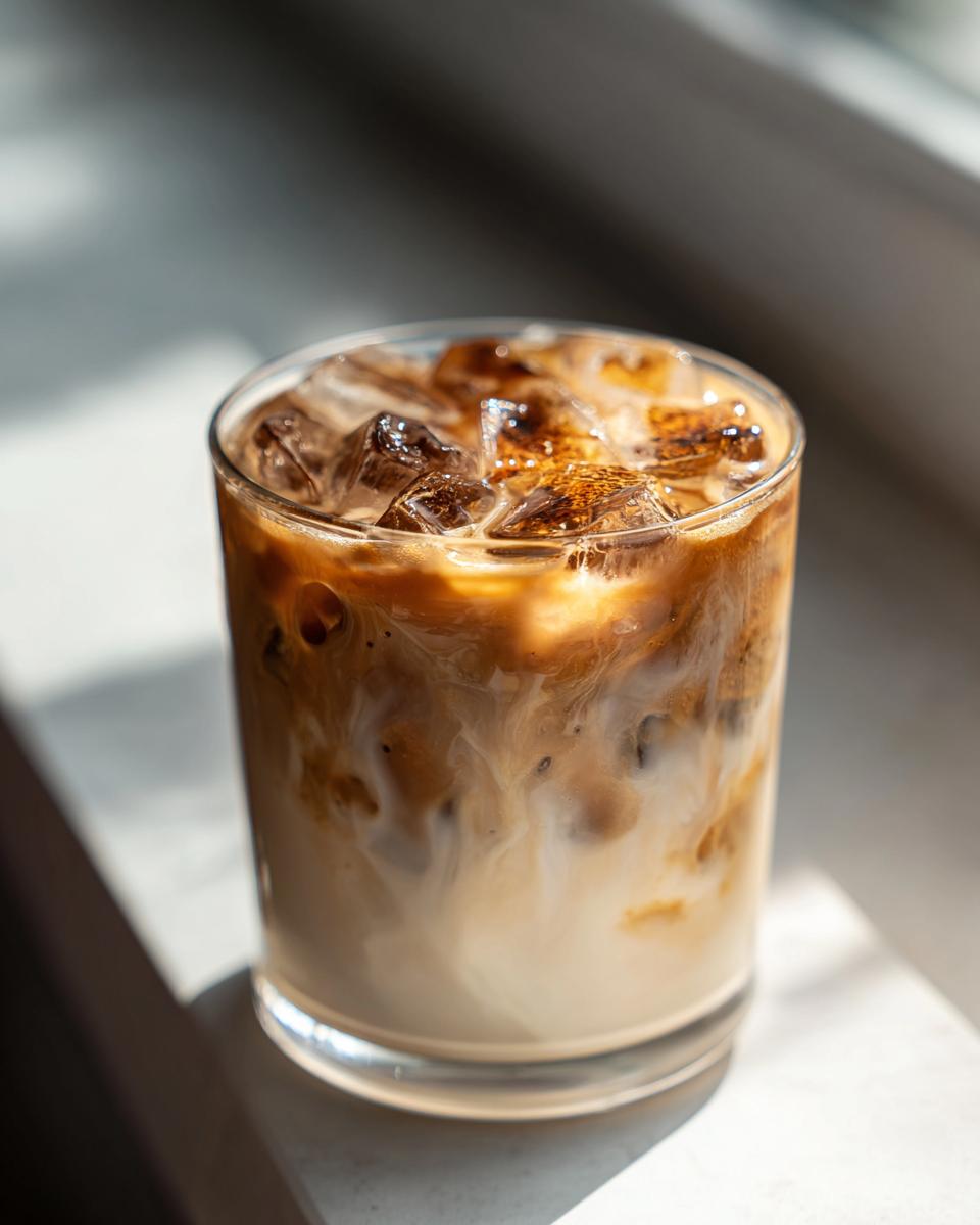 Close-up of an iced coffee with swirling cream and ice cubes, perfect with cinnamon sugar cream cheese rolls.