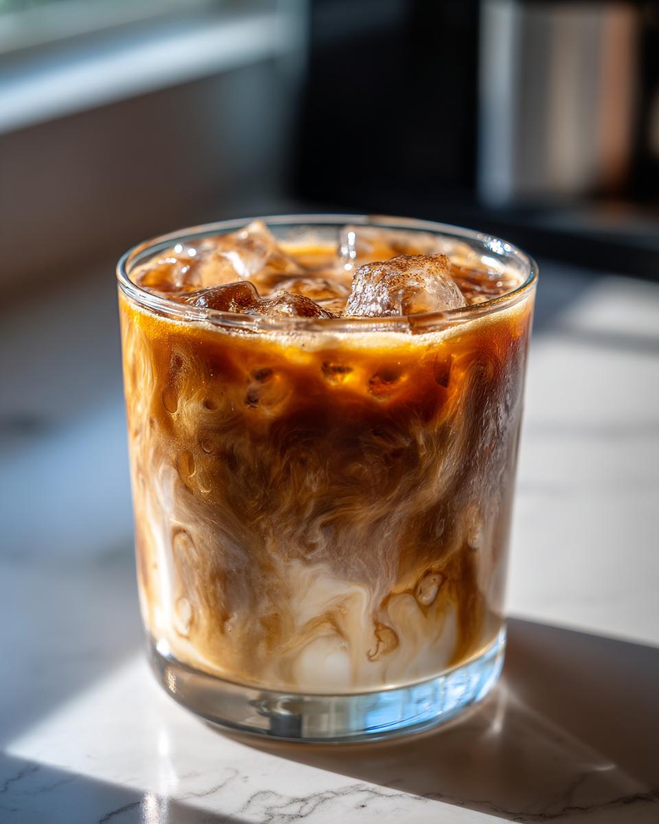 Close-up of an iced coffee with cream swirling into the dark coffee, topped with ice cubes.