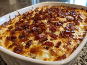 Close-up of a bubbly baked Jalapeño Popper Dip topped with crispy bacon bits in a white dish.