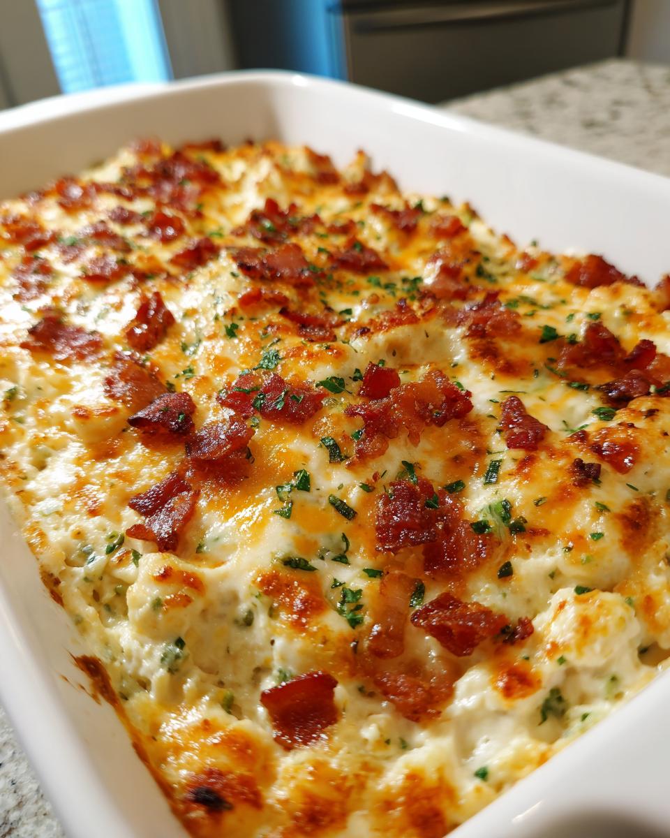 Close-up of a baked Jalapeño Popper Dip in a white dish, topped with melted cheese, crispy bacon, and parsley.