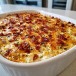 Close-up of a bubbly Jalapeño Popper Dip in a white baking dish, topped with melted cheese and crispy bacon bits.