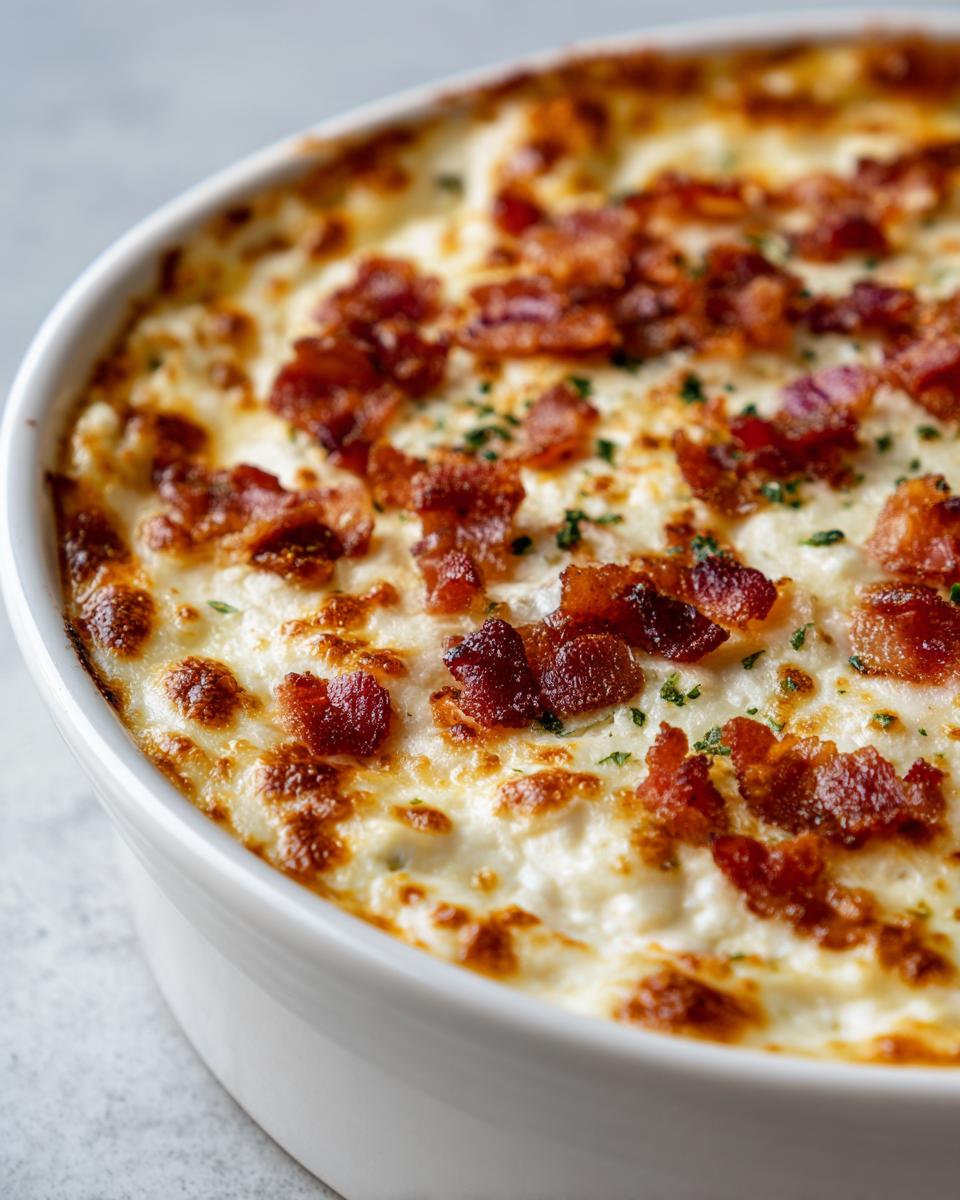 Close-up of a bubbling hot Jalapeño Popper Dip topped with crispy bacon and parsley.