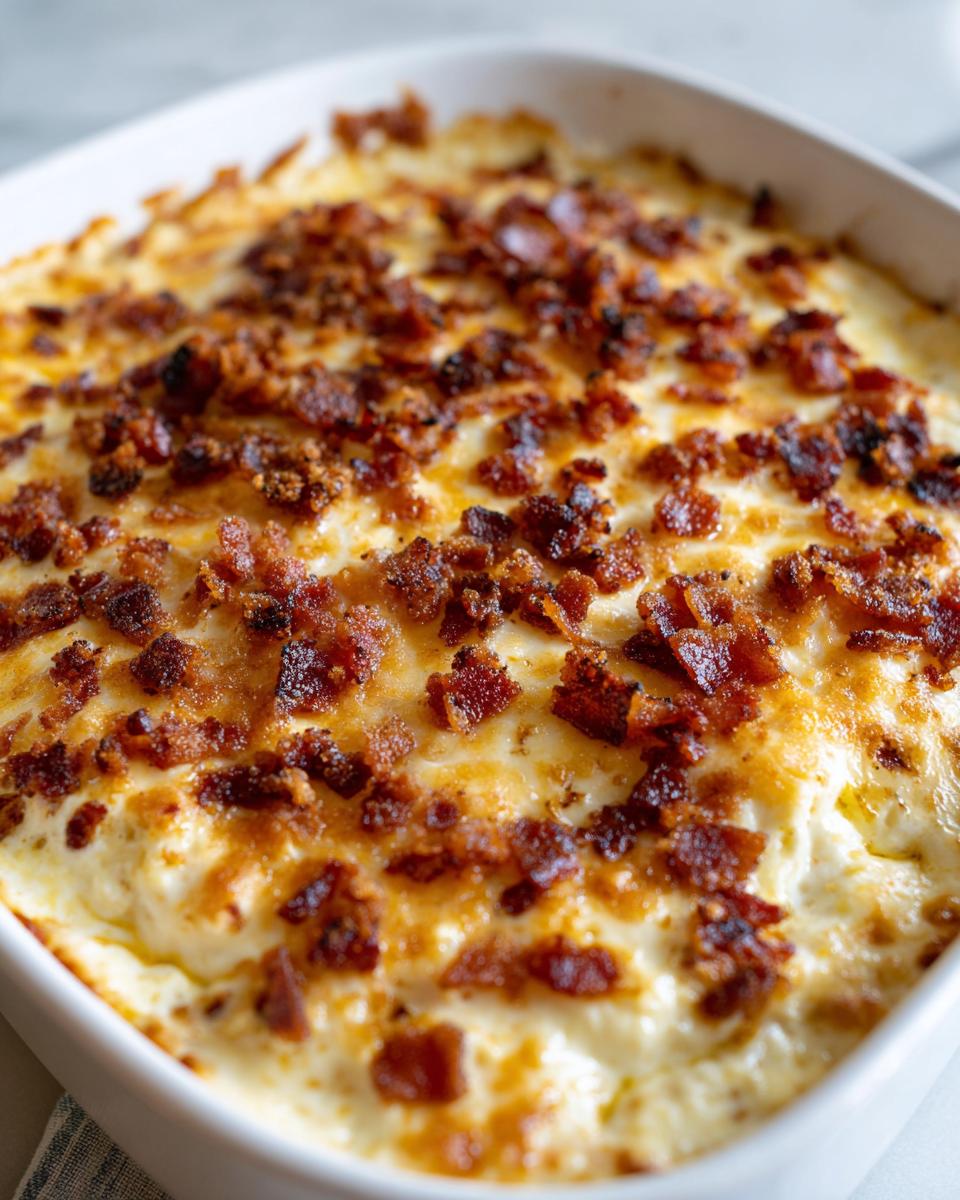 Close-up of a bubbling Jalapeño Popper Dip topped with crispy bacon pieces in a white baking dish.