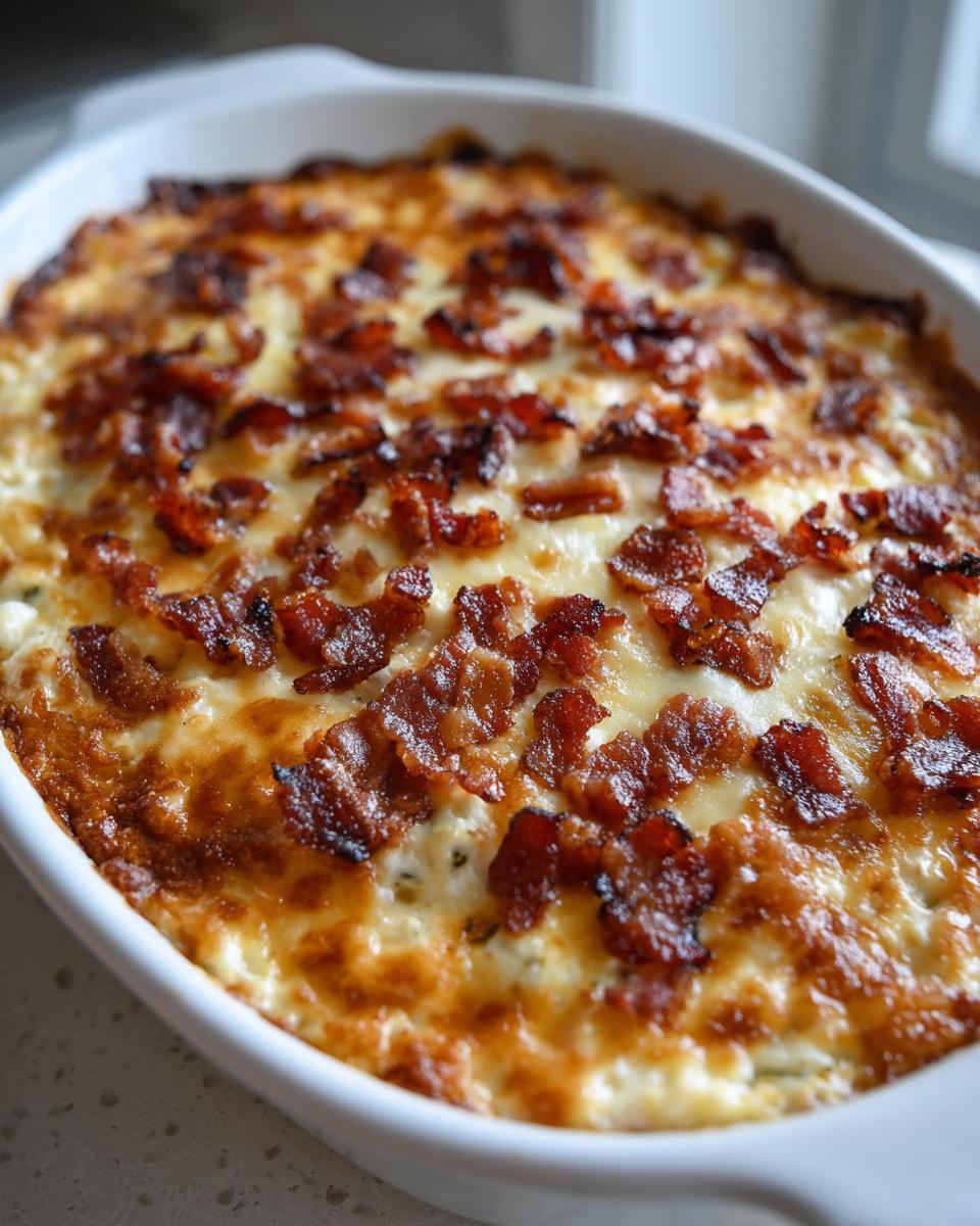 Close-up of a bubbly, golden-brown jalapeño popper dip topped with crispy bacon bits.