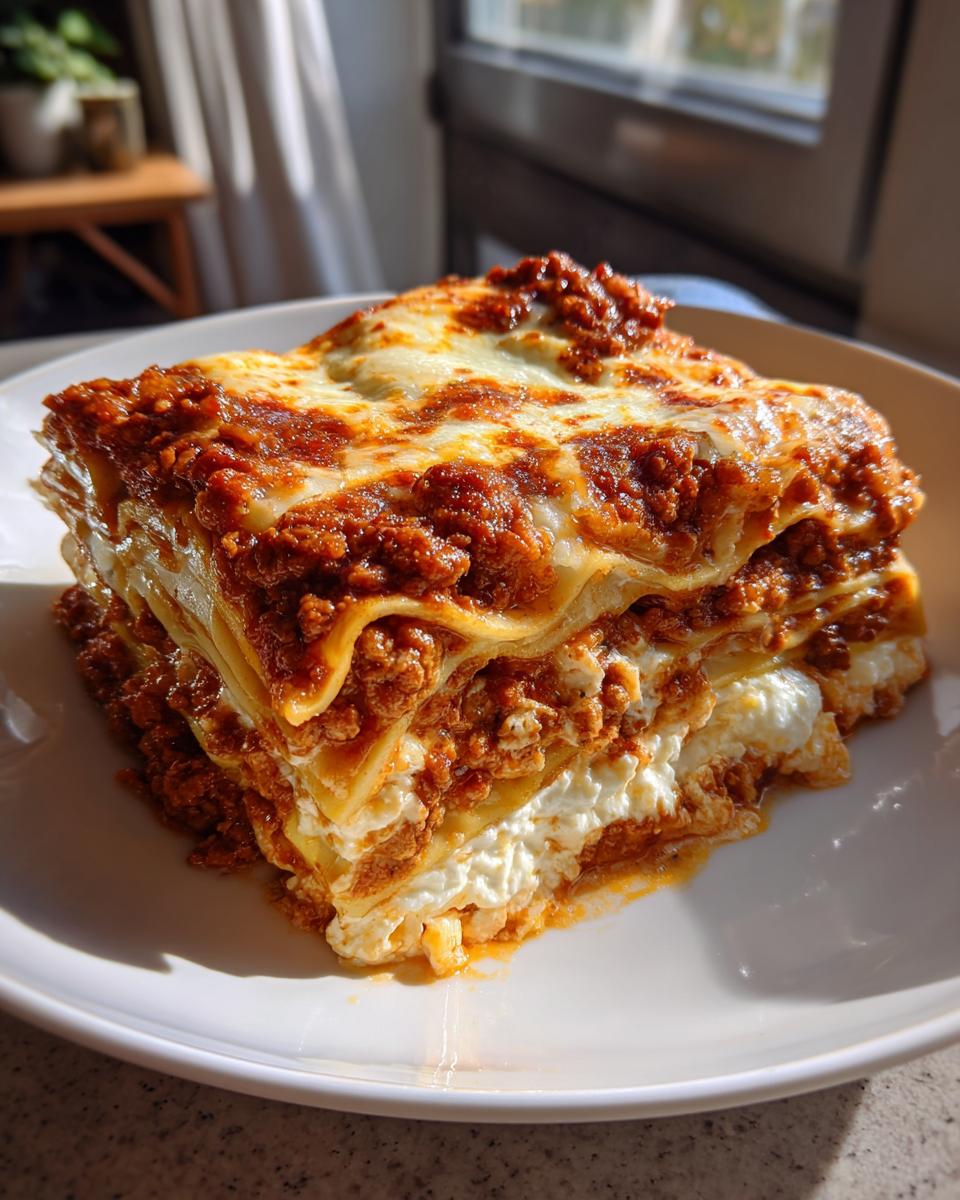 A generous slice of lasagna with cottage cheese, layered with pasta, rich meat sauce, and melted cheese.