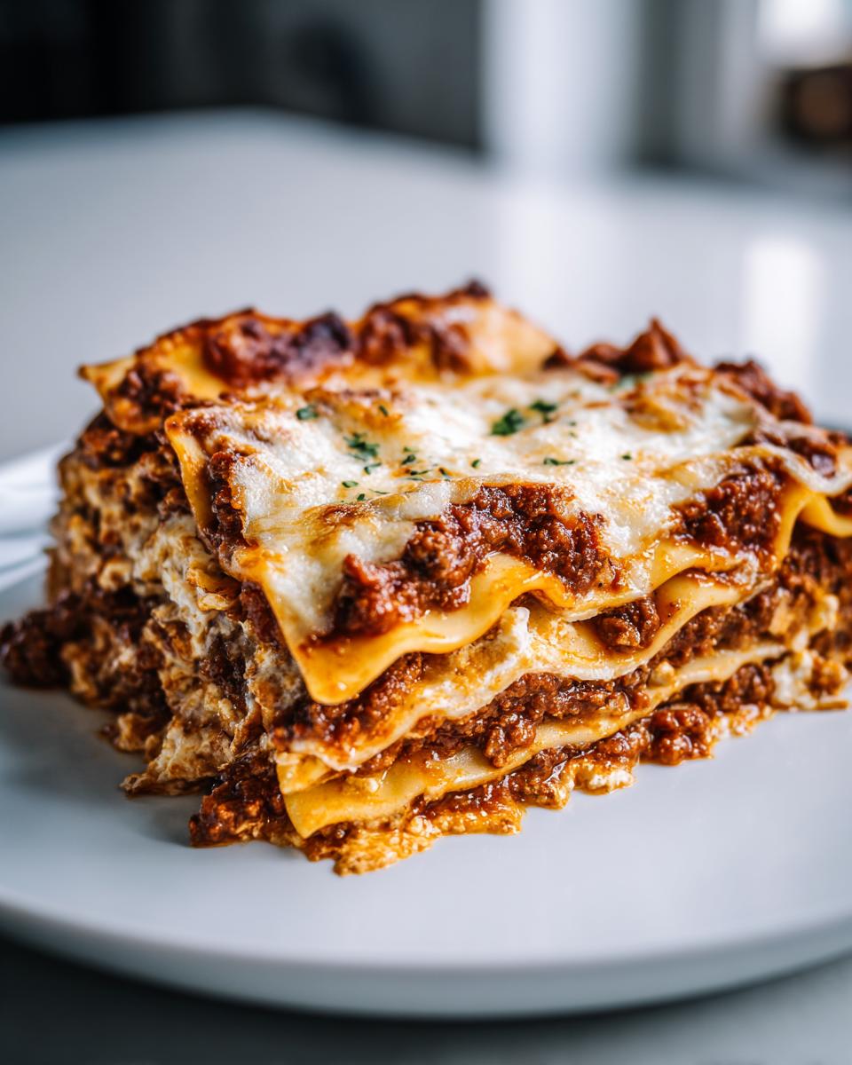 A delicious slice of lasagna with cottage cheese, featuring layers of pasta, rich meat sauce, and melted cheese.