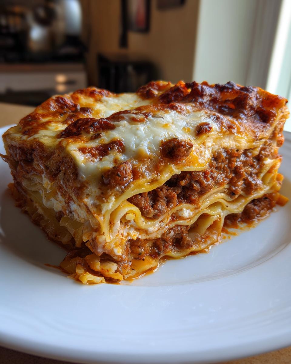 A generous slice of lasagna with cottage cheese, featuring layers of pasta, rich meat sauce, and melted cheese.