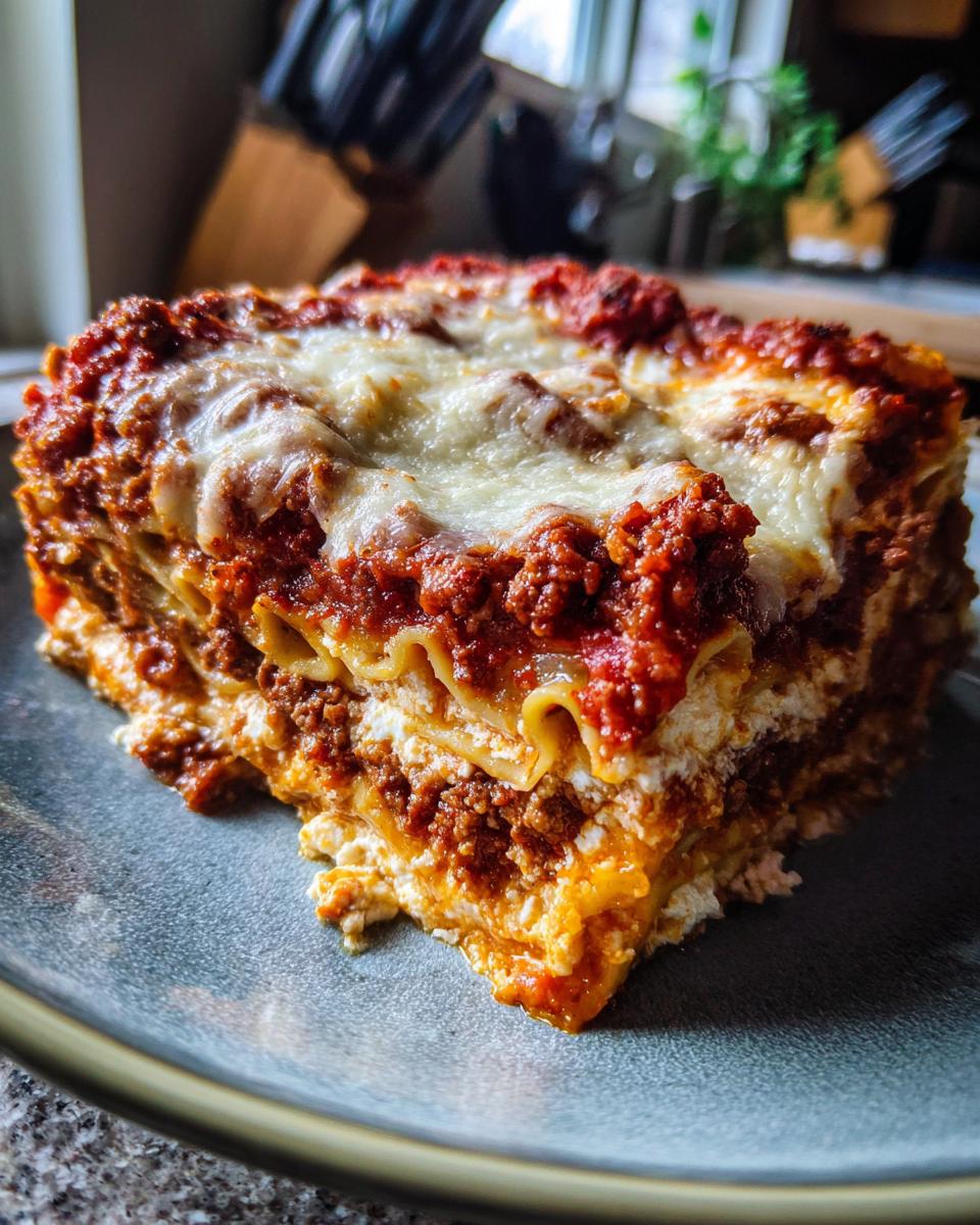 A hearty slice of lasagna with cottage cheese, layered with pasta, meat sauce, and melted cheese.