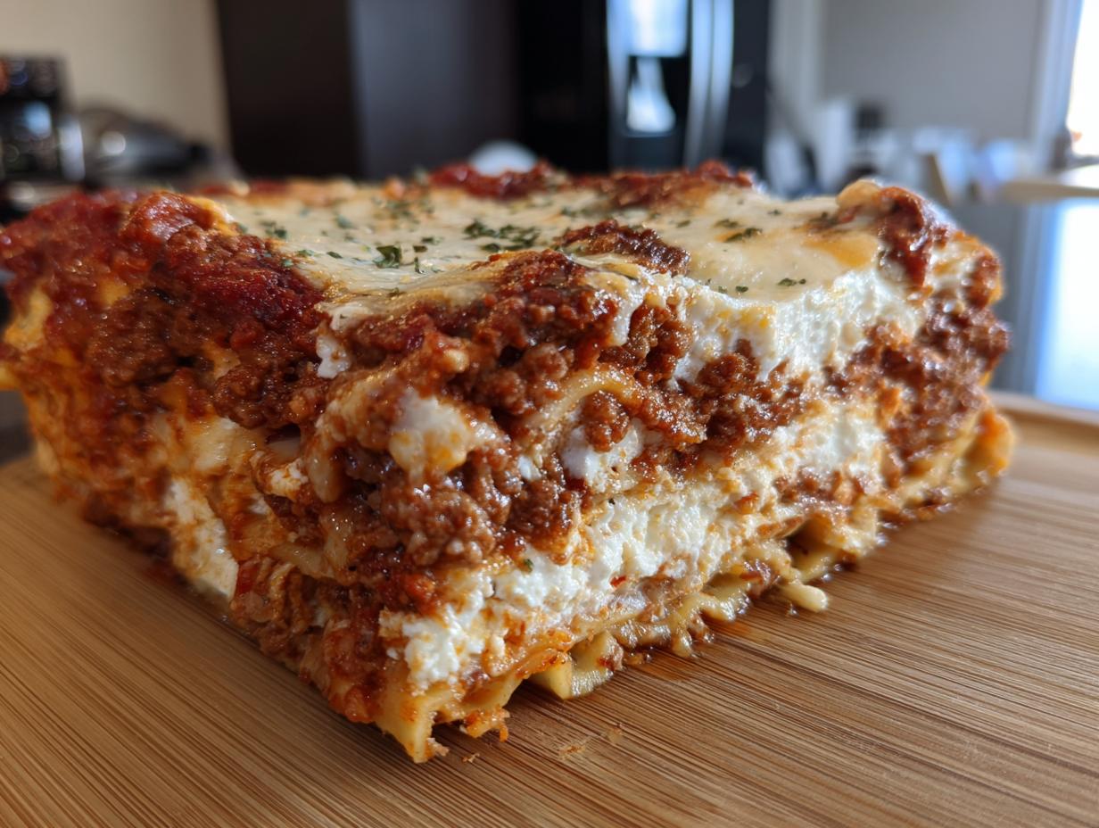 A thick slice of lasagna with cottage cheese, layered with rich meat sauce and melted cheese, sprinkled with parsley.
