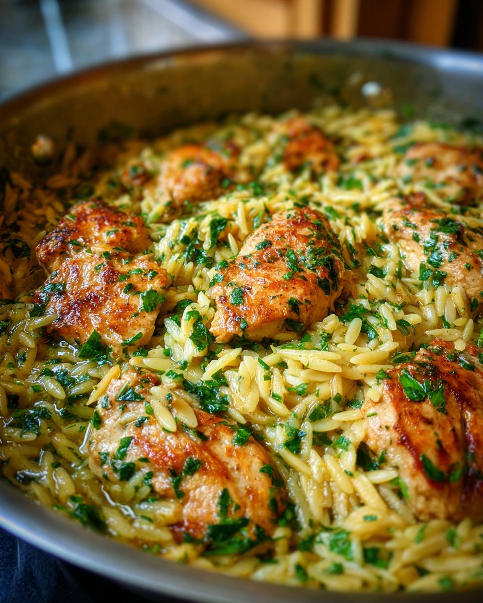 Close-up of a pan filled with delicious lemon chicken orzo, garnished with fresh parsley.