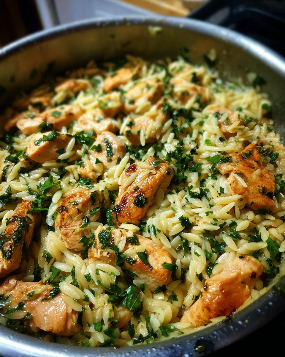 Close-up of a pan filled with lemon chicken orzo and fresh parsley. The chicken pieces are golden brown and the orzo is cooked to perfection.