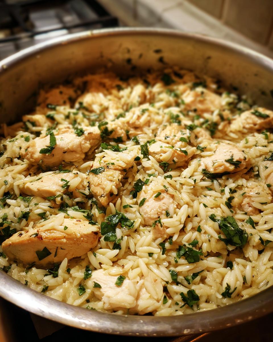 Close-up of a pot filled with delicious lemon chicken orzo, garnished with fresh parsley.