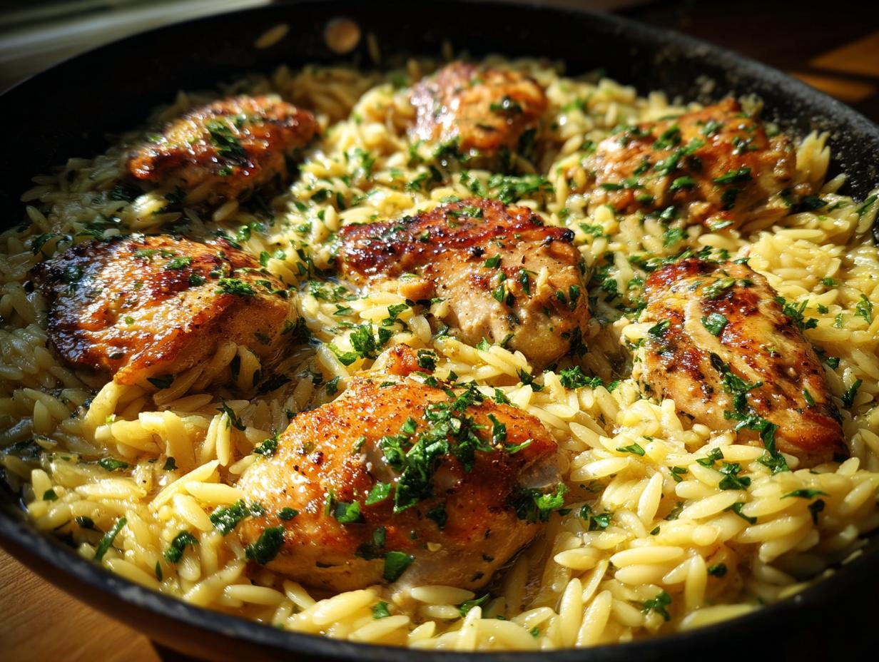Close-up of a skillet filled with creamy lemon chicken orzo, topped with golden-brown chicken pieces and fresh parsley.