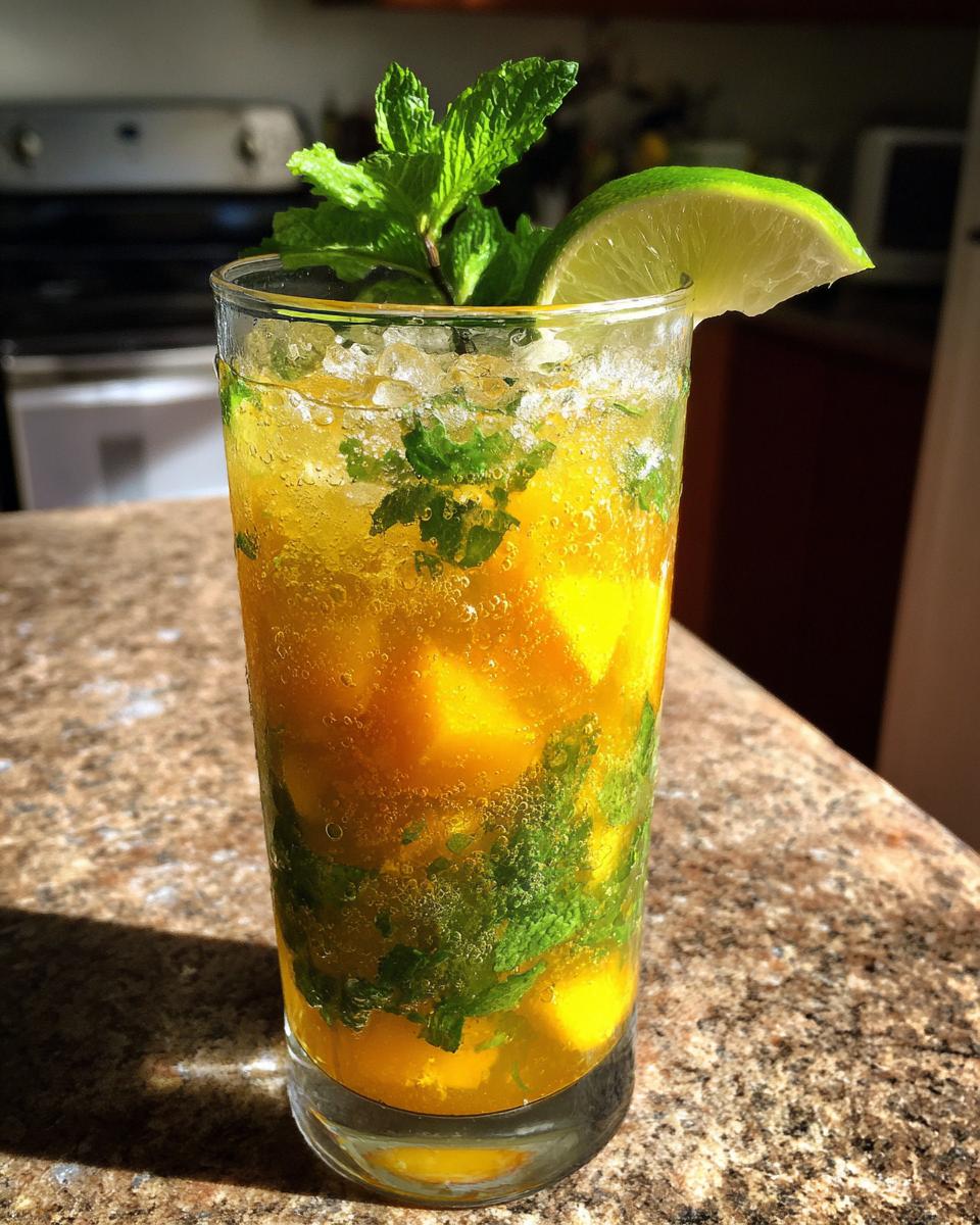 A tall glass filled with a refreshing mango mint mojito, complete with fresh mint leaves, lime wedge, and ice.