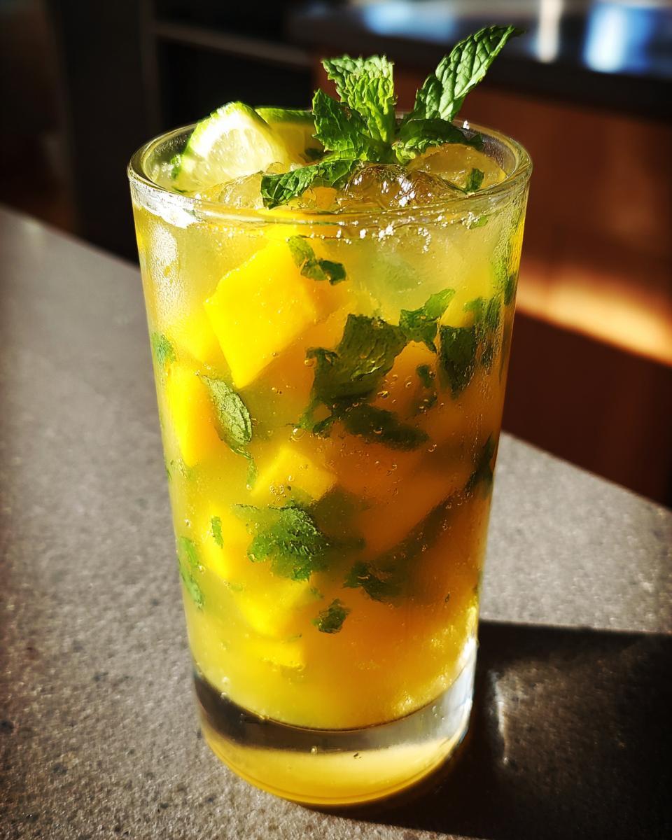 A close-up of a tall glass filled with a refreshing mango mint mojito, complete with ice, mango chunks, mint leaves, and lime wedges.