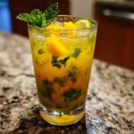A tall glass of mango mint mojito, garnished with mint leaves and lime, perfect with roasted sweet potato rounds.
