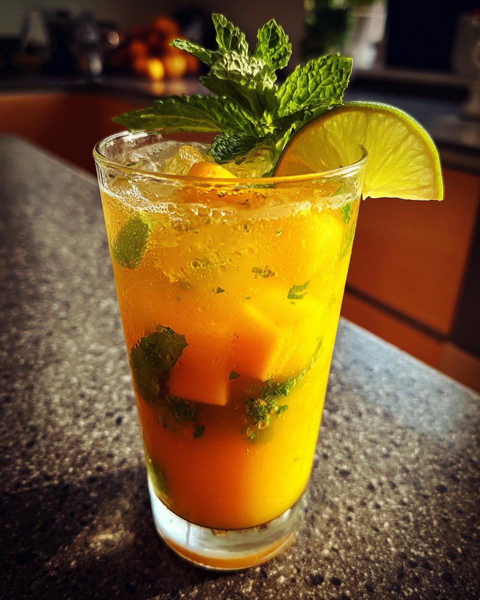 A tall glass of a vibrant orange mango mojito cocktail, garnished with mint, lime, and ice, perfect with roasted sweet potato rounds.