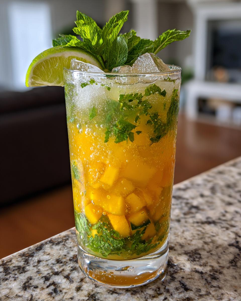 A refreshing mango mojito cocktail garnished with mint and lime, perfect with roasted sweet potato rounds.