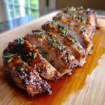 Close-up of sliced maple mustard pork tenderloin, glistening with sauce and sprinkled with herbs on a wooden board.