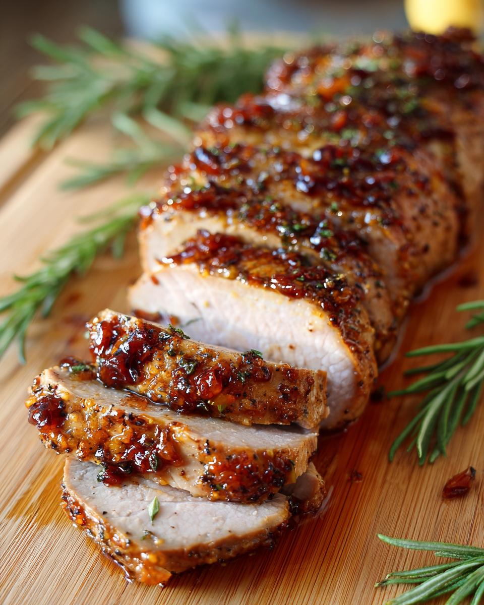 Close-up of sliced maple mustard pork tenderloin with a glossy glaze and rosemary sprigs on a wooden board.